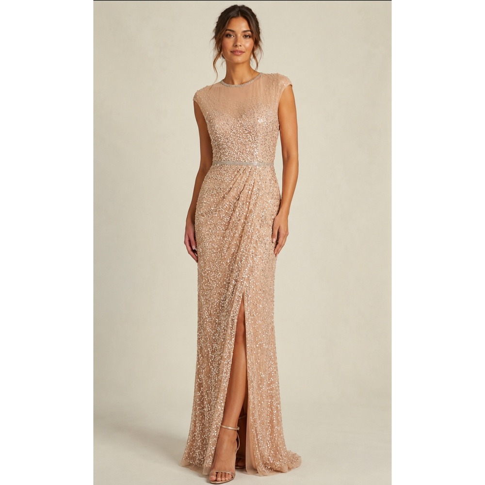 NEW Mac Duggal 5619 Sequin Illusion Gown Nude Beaded Cap Sleeve Dress Size 8